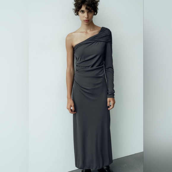 Zara Drapped Asymmetrical Midi Dress Gray - Picture 3 of 13